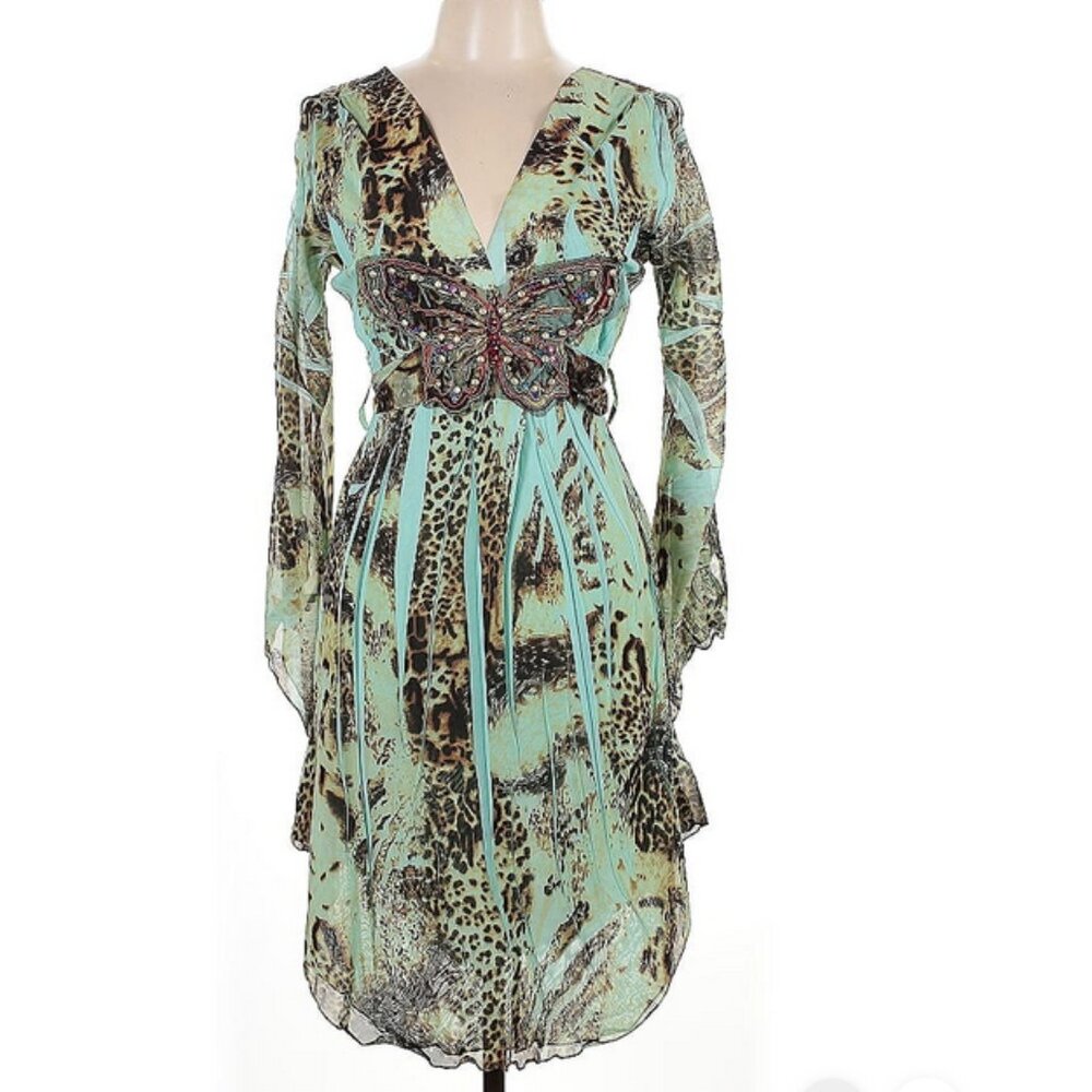 Caribbean Queen Blue Leopard Print Butterfly Appliqué Dress
